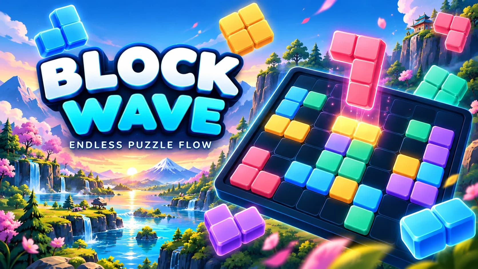Block Wave puzzle game promotional feature graphic with mountain landscape and colorful blocks