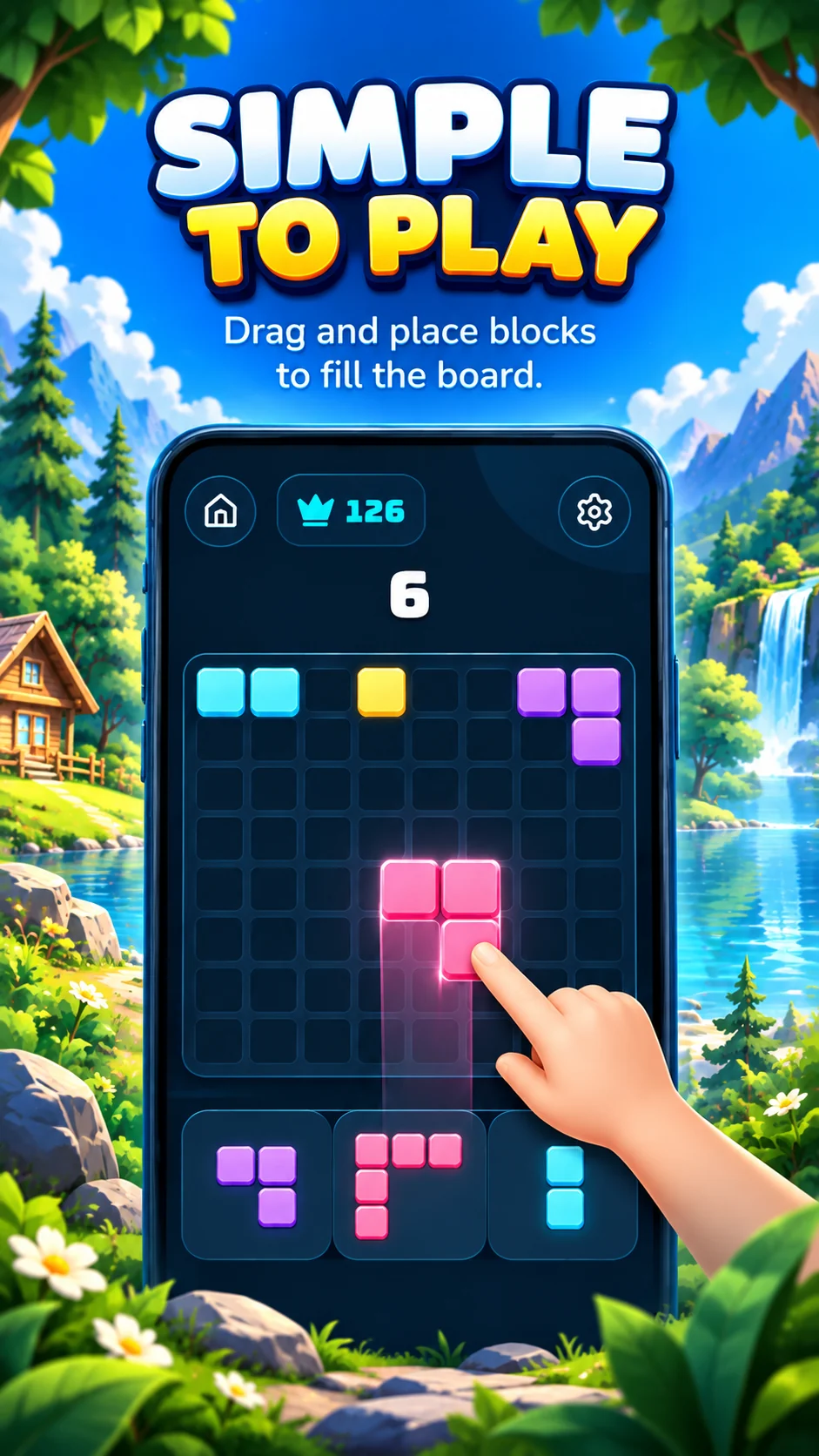 Block Wave promotional screenshot: simple drag and place block puzzle gameplay