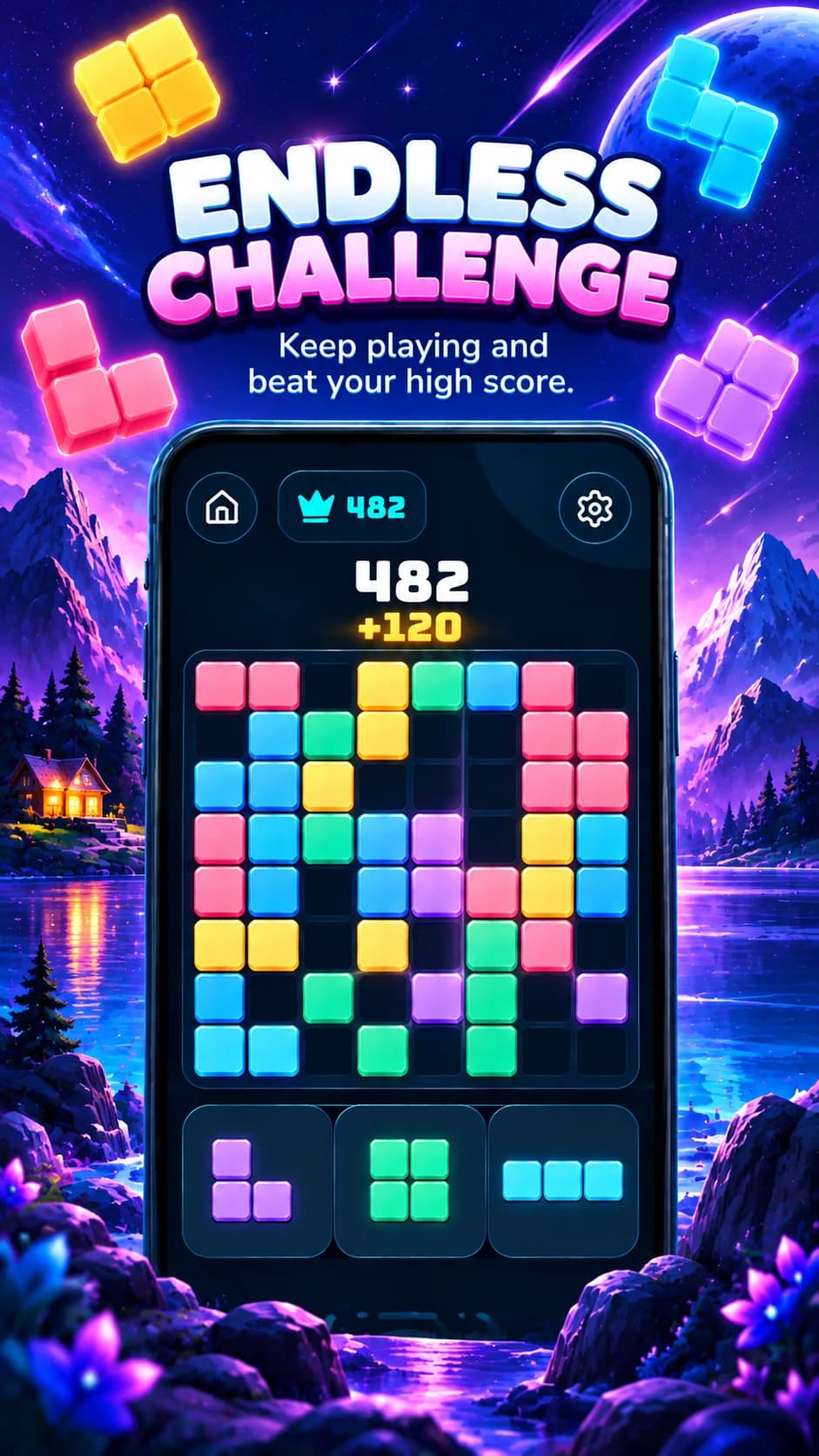 Block Wave promotional screenshot: a challenging colorful puzzle grid