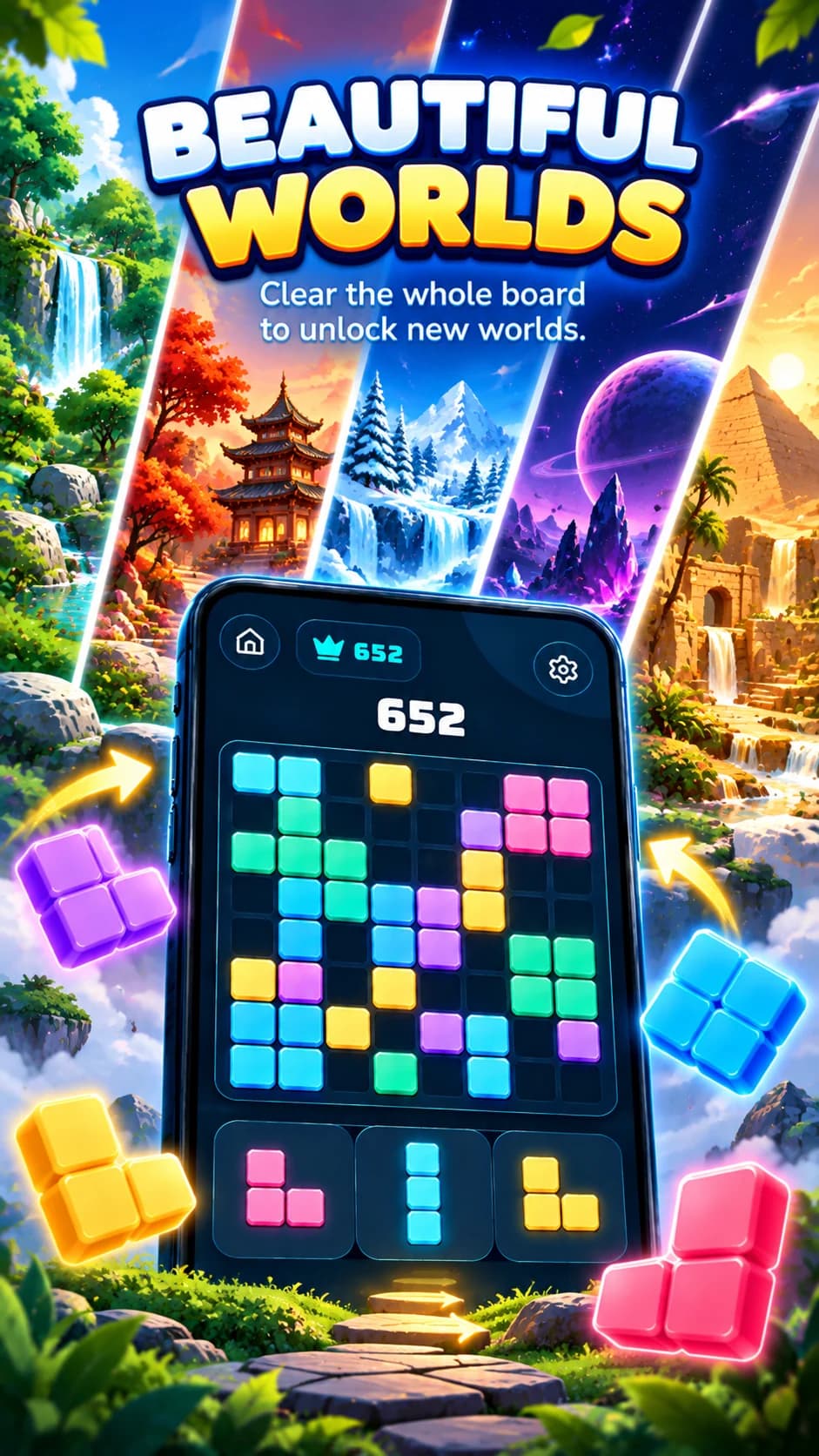 Block Wave promotional screenshot: vibrant block puzzle themes and scenery